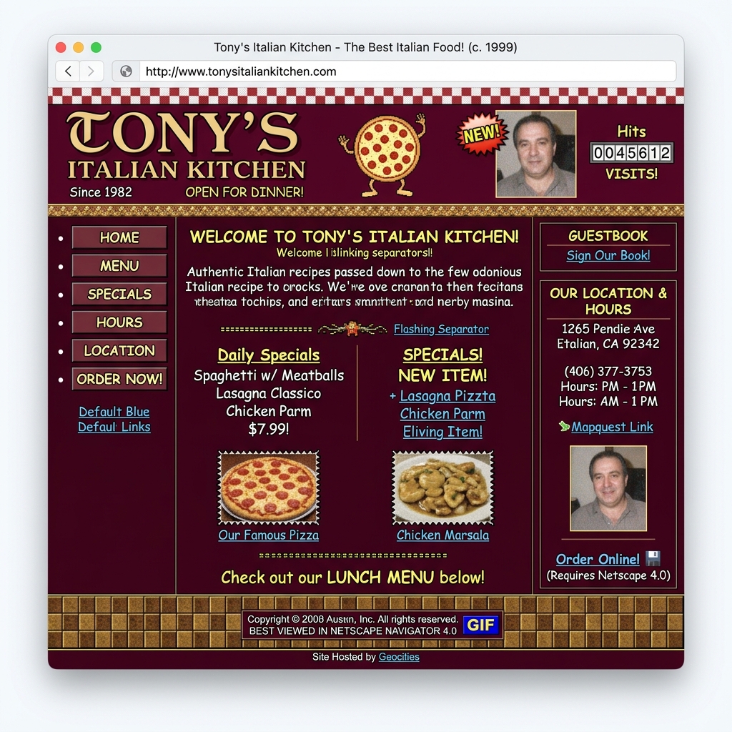 Cluttered old restaurant website mockup